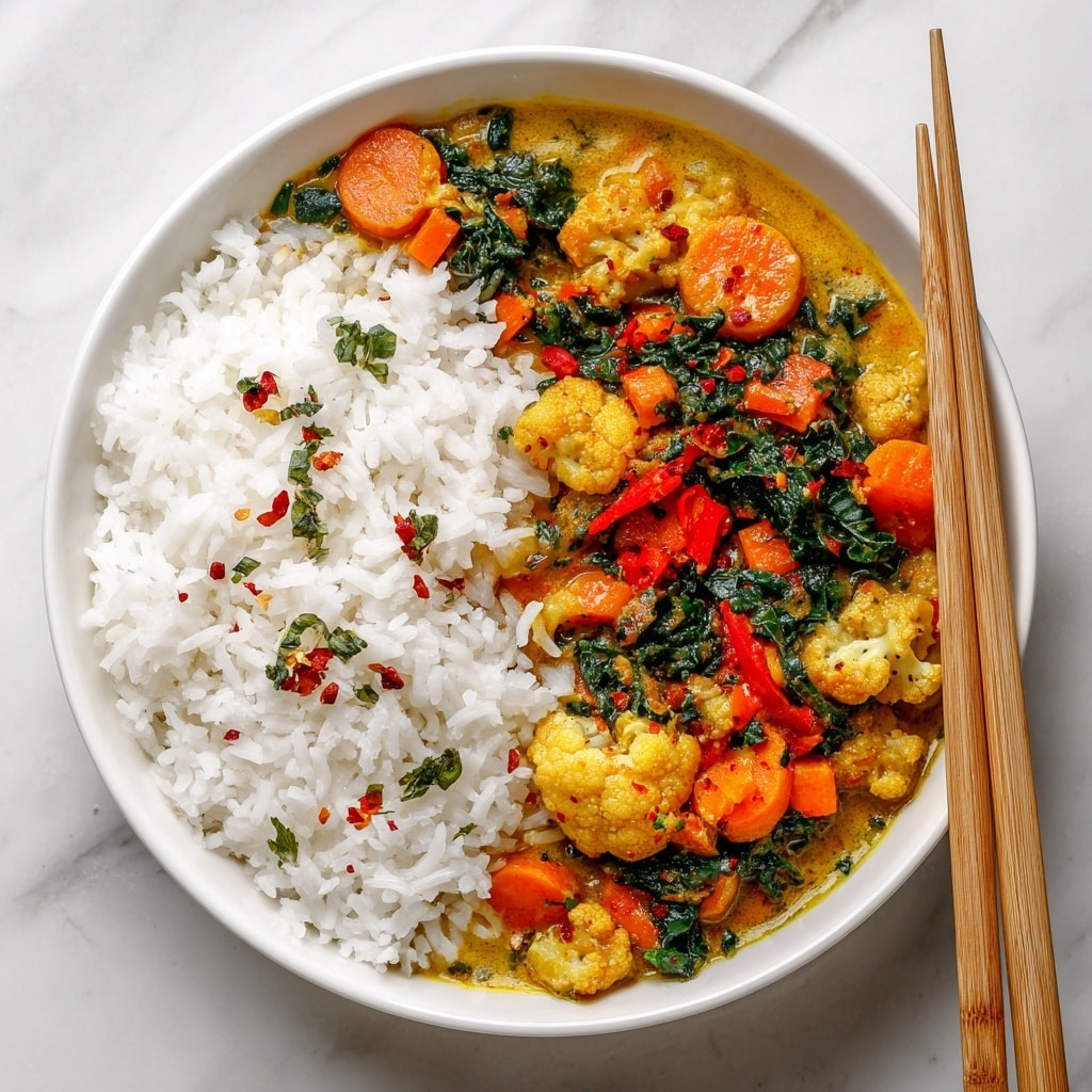 A white bowl filled halfway with bright white fluffy rice, garnished with small green herb pieces and red pepper flakes on top, sits next to a thick, creamy vegetable curry layer with visible chunks of orange carrots, green spinach leaves, red bell pepper slices, cauliflower florets, and small green onion pieces, all coated in a rich golden-yellow sauce with a slightly textured surface; the bowl rests on a white marbled texture, accompanied by a pair of light brown wooden chopsticks resting on the right edge of the bowl. Photo taken with an iphone --ar 4:5 --v 7