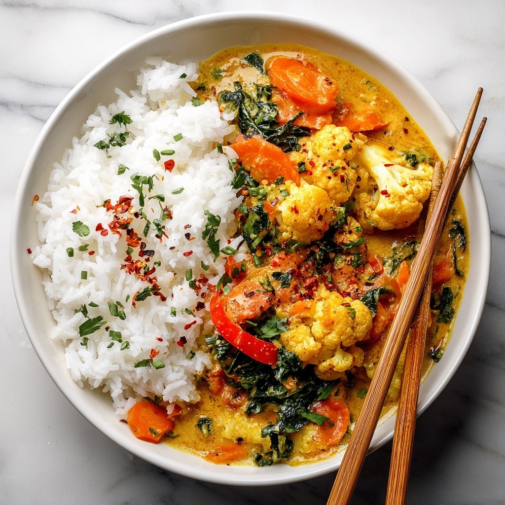 A white bowl holds a two-layered dish: on one side, there is a thick, creamy curry filled with colorful vegetables like orange carrots, red peppers, green spinach, and light yellow cauliflower, all mixed in a rich, golden sauce sprinkled with green herbs and red chili flakes; on the other side, there is a neat mound of fluffy white rice topped with small green onion slices and more red chili flakes. Two light brown wooden chopsticks rest on the rim of the bowl, crossing slightly over the rice. The bowl sits on a white marbled textured surface with a garlic bulb, lime wedges, a whole sweet potato, and green onions arranged around it. photo taken with an iphone --ar 4:5 --v 7