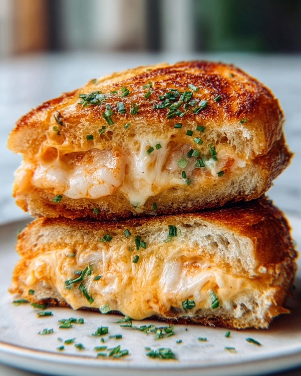 A close-up image shows a sandwich cut in half and stacked, revealing two thick layers of golden, crispy toasted bread with a slightly flaky texture on top and bottom. Between the bread layers is a gooey, melted light yellow cheese layer with small white and green specks indicating herbs mixed in. The cheese appears soft and stretches slightly, making the sandwich look rich and creamy. The sandwich sits on a white plate with a white marbled surface background. photo taken with an iphone --ar 4:5 --v 7