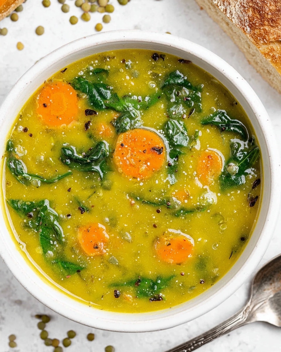 A white bowl filled with thick green split pea soup that has an uneven, chunky texture with visible small green peas and soft orange carrot slices spread throughout. The soup's surface is slightly shiny with a thin film of oil near the edges. A wooden spoon is resting inside the bowl on the right side. The bowl is placed on a white marbled texture surface, with some loose green split peas scattered nearby and part of a crusty bread loaf in the background. Photo taken with an iphone --ar 4:5 --v 7