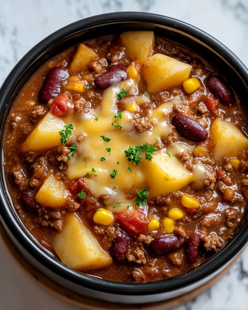 A close-up view of a black bowl filled with hearty chili. The dish has several layers starting with a base of thick brown sauce mixed with ground beef and red kidney beans. Scattered in the chili are medium-sized chunks of light yellow potatoes and bright yellow corn kernels. Small pieces of red tomatoes add color, and melted light yellow cheese covers parts of the meat and potatoes. The top is garnished with small green parsley leaves. The bowl sits on a white marbled surface, creating a clean and bright background. photo taken with an iphone --ar 4:5 --v 7