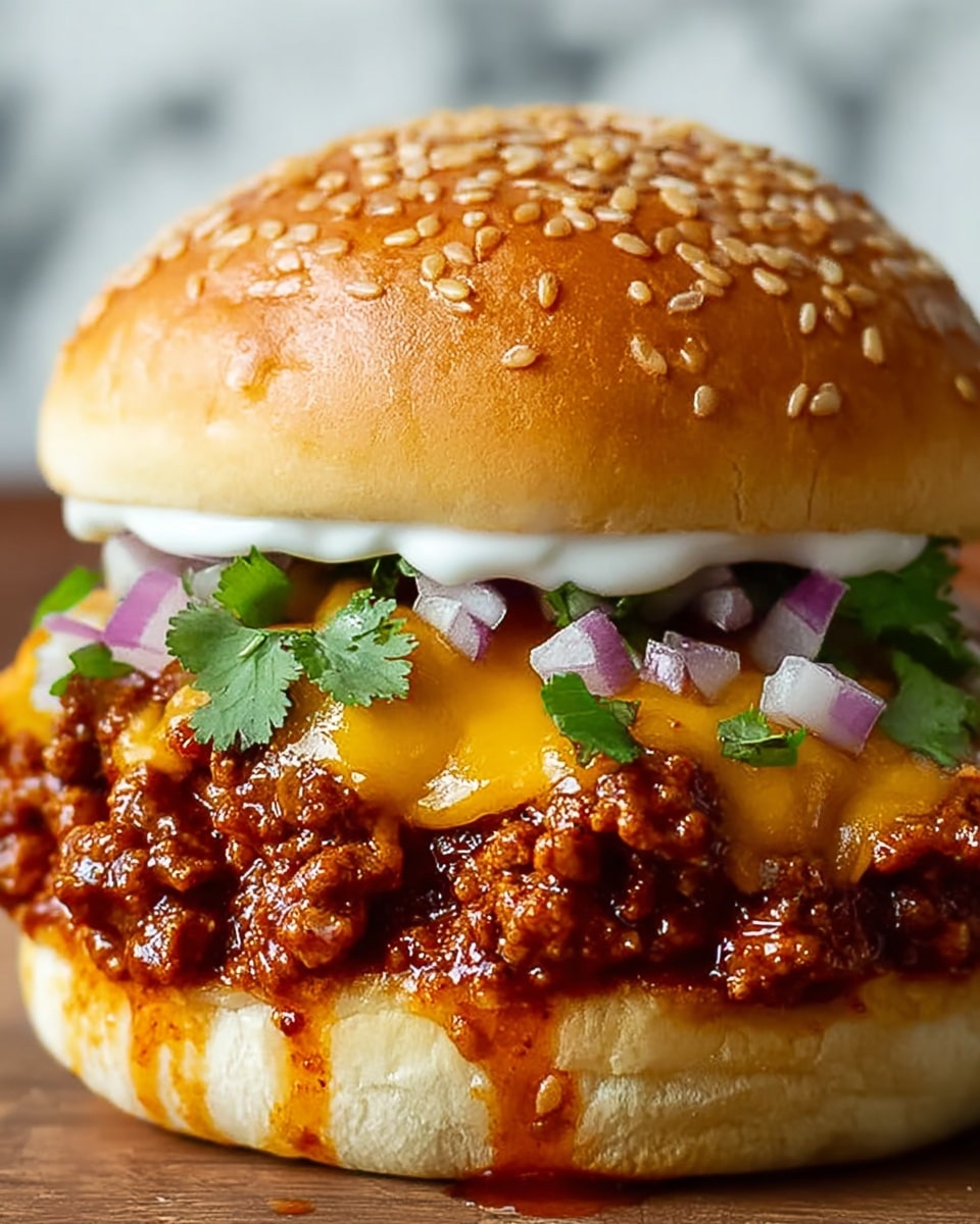 A close-up view of a sandwich shows four visible layers inside a shiny, brown bun topped with sesame seeds. The bottom layer is a soft, light brown bun with some sauce dripping down. Above it is a thick, textured layer of dark brown cooked minced meat covered in melted bright orange cheese. On top of the cheese is a mix of fresh green cilantro leaves, chopped green peppers, and small pieces of purple onion. White creamy sauce drips slightly over the chopped vegetables. The sandwich rests on a surface with a white marbled texture. photo taken with an iphone --ar 4:5 --v 7