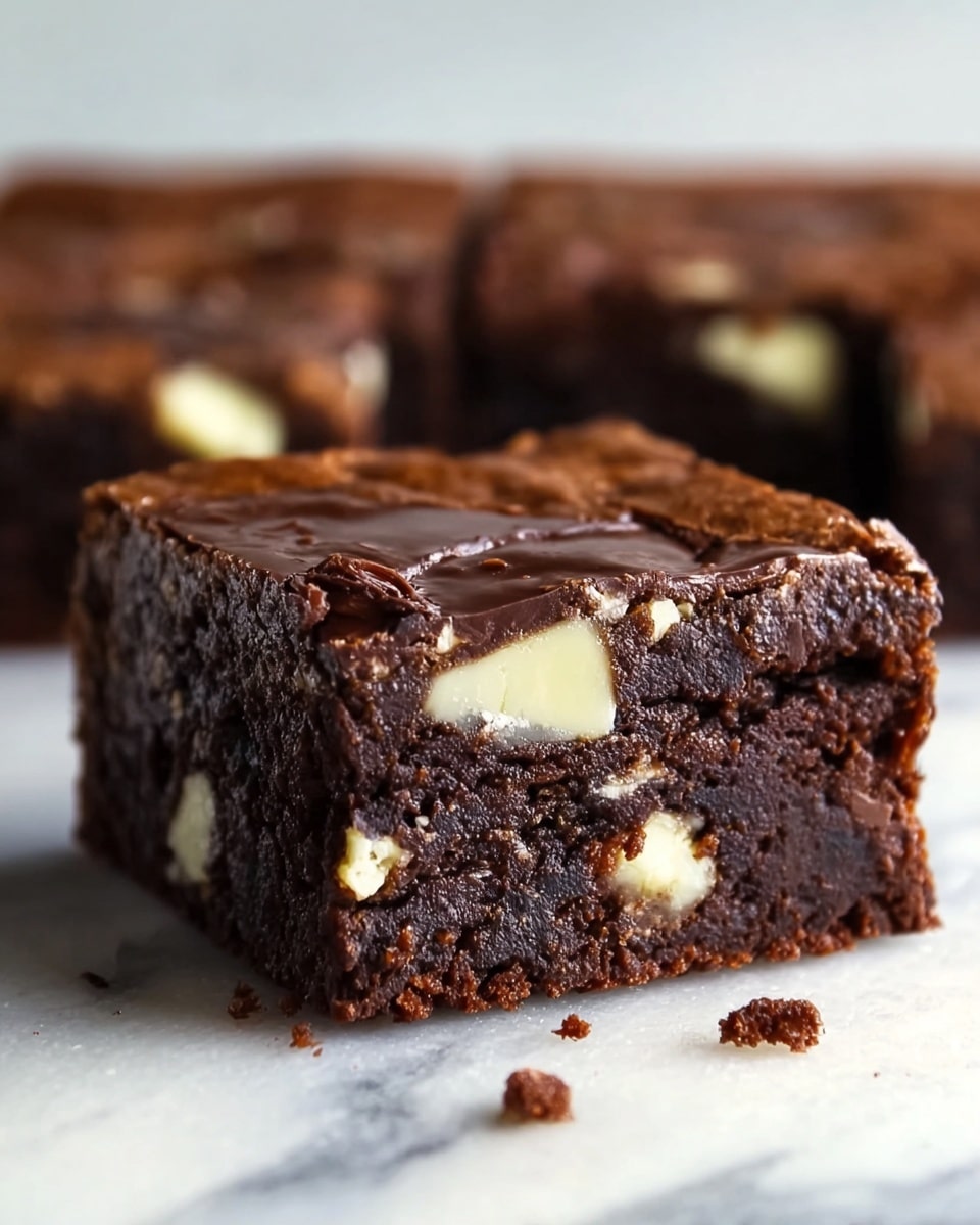 A close-up image of a single dense, rich chocolate brownie with a cracked top layer that is darker and slightly glossy. Inside, the thick middle layer is moist and fudgy with a deep dark brown color, filled with several large white chocolate chunks distributed unevenly throughout. The bottom is solid and dark like the middle but more compact. The brownie sits directly on a light, slightly textured white marbled surface visible in the background and around the edges. Photo taken with an iphone --ar 4:5 --v 7
