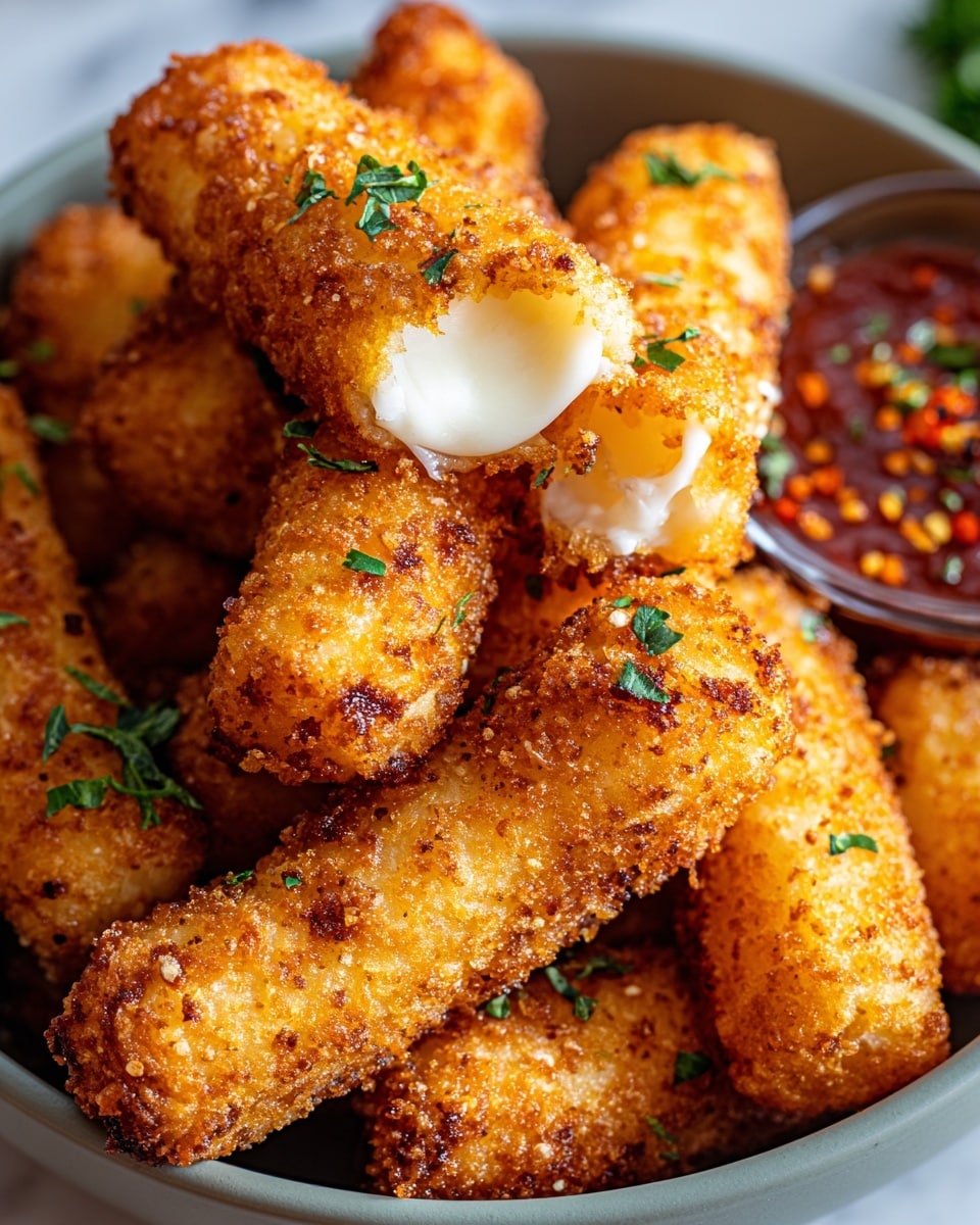 A close-up view of crispy golden-brown mozzarella sticks arranged in a small white bowl with a rough texture inside, some sticks are broken showing the white melted cheese inside. The cheese sticks are sprinkled with small green parsley leaves and some salt grains for decoration. Next to the mozzarella sticks is a small white bowl with smooth textured reddish-brown dipping sauce, also garnished with a few green herbs. The background surface has a white marbled texture. photo taken with an iphone --ar 4:5 --v 7