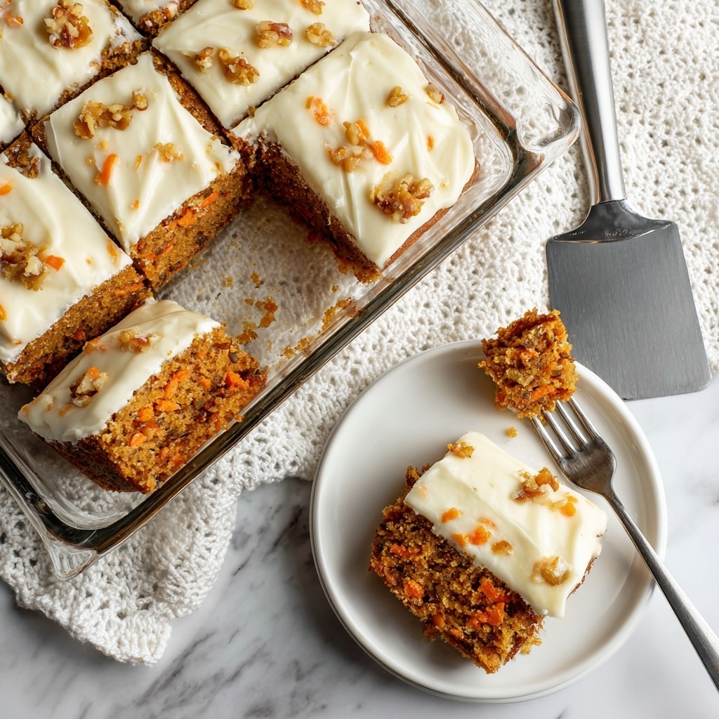 A close-up view of a square piece of carrot cake with two layers, the bottom layer is golden orange with visible bits of shredded carrot and a moist, crumbly texture, topped with a thick, creamy white frosting layer with a smooth surface. A smaller portion of the cake is on a silver fork, showing the same textured cake mixed with some frosting. Both pieces rest on a white plate set against a white marbled surface. photo taken with an iphone --ar 4:5 --v 7