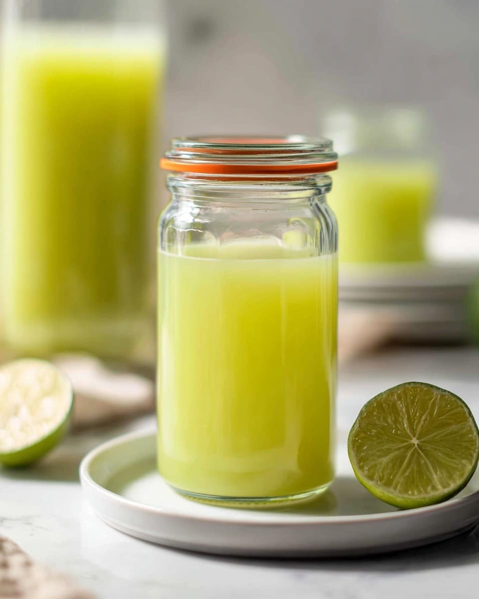 A clear glass jar with a bright orange sealing lid is filled about two-thirds with light green juice that has a smooth texture. The jar sits on a simple white plate with a white marbled surface underneath. In front of the plate, there is a halved lime with visible juicy pulp. In the background, there is a tall glass filled with the same green juice, slightly blurred, and another smaller jar with the same juice on a white plate, also blurred. The overall setting is bright and clean with soft natural light. photo taken with an iphone --ar 4:5 --v 7