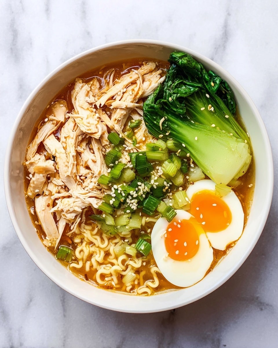 A white bowl filled with a rich soup containing three main layers: at the bottom are light brown broth and noodles twisted in the center with a slightly curly texture, on the left half there are thick pieces of shredded cooked chicken with a golden brown hue, on the right side are bright green bok choy pieces with leafy texture, and at the bottom right sits a halved boiled egg showing a firm white outer layer and a vibrant yellow yolk in the middle. Small green onion slices and white sesame seeds are sprinkled over the chicken and noodles, adding detail and texture. The bowl is placed on a white marbled surface. photo taken with an iphone --ar 4:5 --v 7