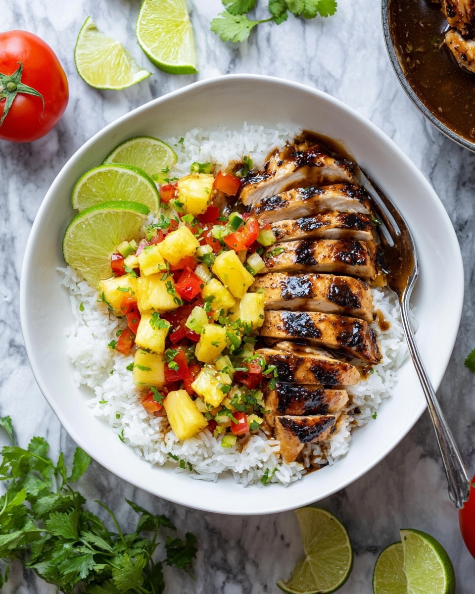 A white bowl holds a dish with three main layers: the bottom layer is fluffy white rice that fills the bowl; on top, there are two portions of grilled chicken breast, sliced and showing dark grill marks with a shiny brown sauce drizzled over them; the third layer consists of bright, colorful pineapple salsa made of yellow pineapple chunks, red tomato pieces, and green herbs placed next to the chicken. On the left edge of the bowl, three lime wedges rest on the rice. The bowl sits on a white marbled surface with lime halves, fresh green cilantro leaves, and a whole tomato nearby. A silver fork lies inside the bowl on the right side. photo taken with an iphone --ar 4:5 --v 7