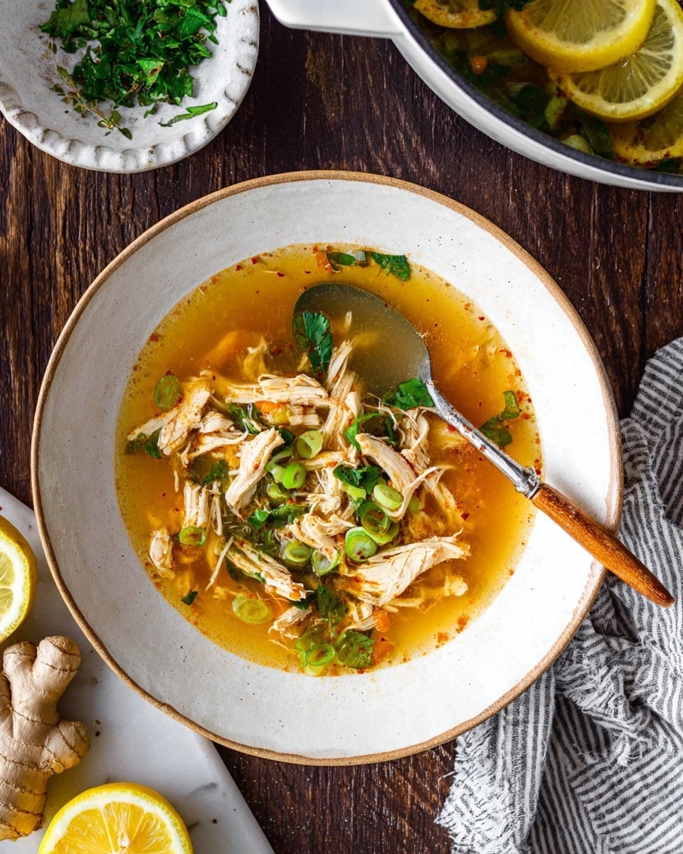 The image shows a large white pot filled with a golden-yellow soup, layered with thin slices of lemon floating on the surface, and sprinkled green herbs scattered throughout. The soup has visible pieces of shredded meat and possibly thin noodles, giving it a textured look. A metal ladle with a wooden handle is dipping into the soup, lifting a portion that reveals the ingredients clearly. Outside the pot on the white marbled surface, there is a halved lemon and a piece of fresh ginger root with some loose green herbs scattered nearby. A striped cloth napkin is casually placed to the side. Photo taken with an iphone --ar 4:5 --v 7