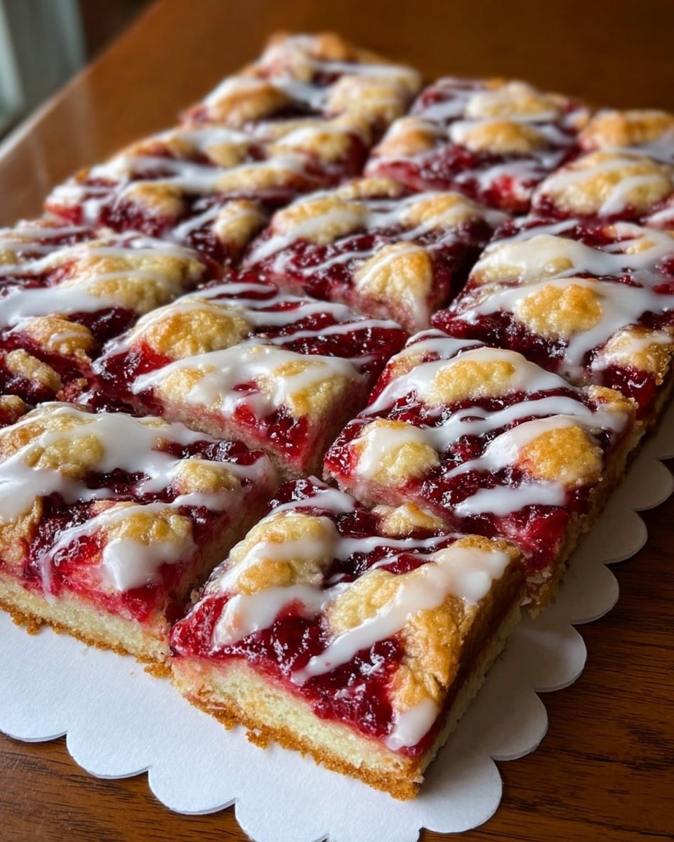 A rectangular berry pastry cut into square pieces shows three main layers: a golden-brown baked crust as the base, a thick bright red berry filling spread over it, and irregular patches of pale golden biscuit dough placed on top. The top is drizzled unevenly with white icing, creating a shiny contrast over the red filling and golden biscuit pieces. The pastry sits on a white scalloped paper doily on a wooden table. Photo taken with an iphone --ar 4:5 --v 7
