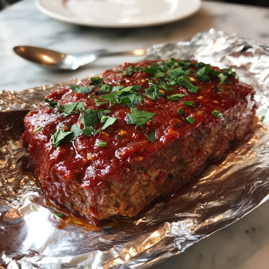 A loaf-shaped meat dish covered in a thick, shiny red sauce with small bits of herbs and spices visible, topped with scattered green fresh leaves. The meat texture looks dense and slightly crumbly near the edges. The dish sits on a shiny silver foil resting on a white marbled surface. A spoon is placed in the background, slightly blurred. Photo taken with an iphone --ar 4:5 --v 7
