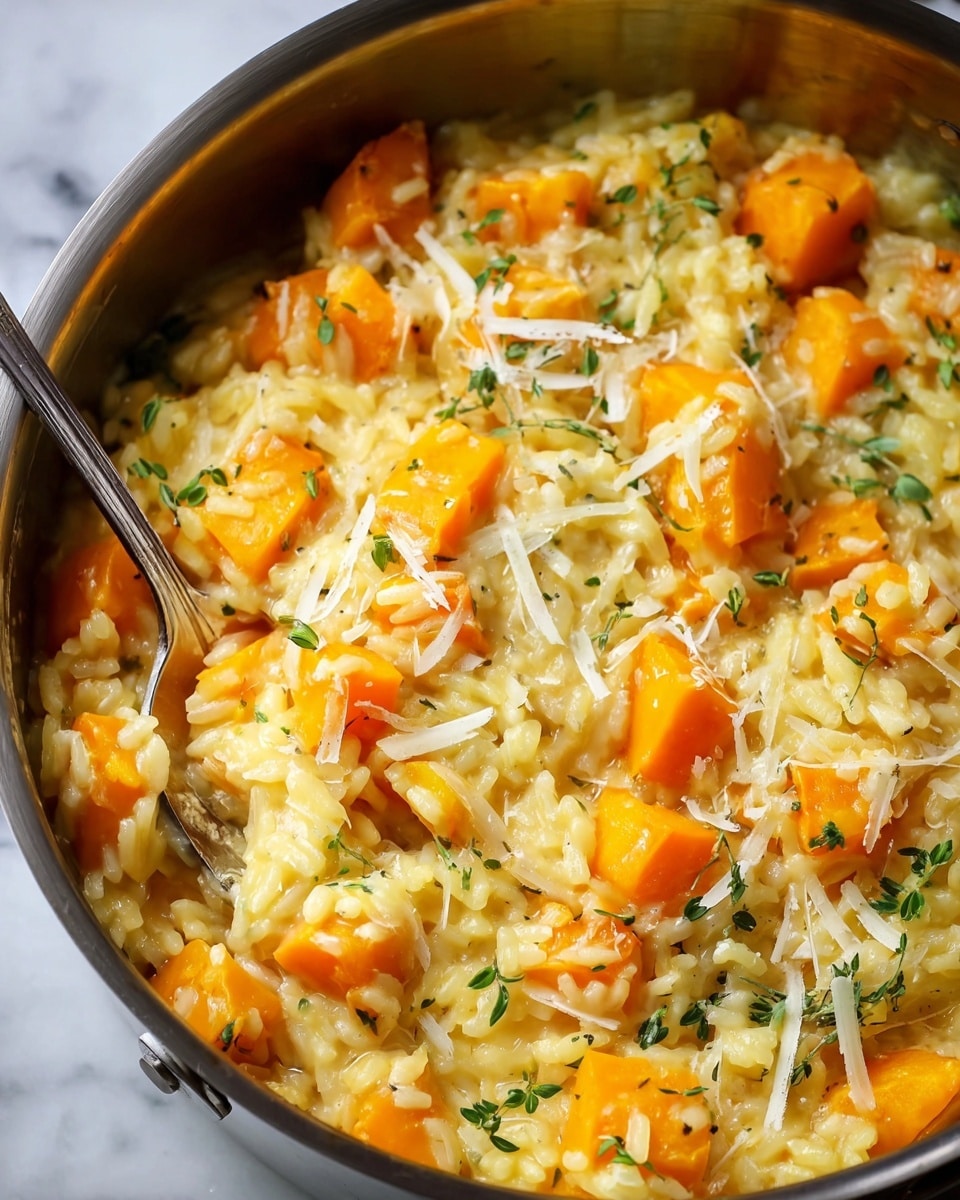 The image shows a close-up of a creamy risotto dish in a metal pan, filled with visible layers of soft, pale yellow rice and bright orange chunks of butternut squash scattered throughout. The risotto looks rich and smooth, with small green herb pieces mixed in evenly, adding a fresh touch. There are also thin shavings of white cheese sprinkled on top, melting slightly into the risotto. The texture of the rice appears soft and the squash pieces look tender and moist. A metal spoon is partially visible, resting inside the pan. The background shows a white marbled texture below, enhancing the colors of the food. photo taken with an iphone --ar 4:5 --v 7