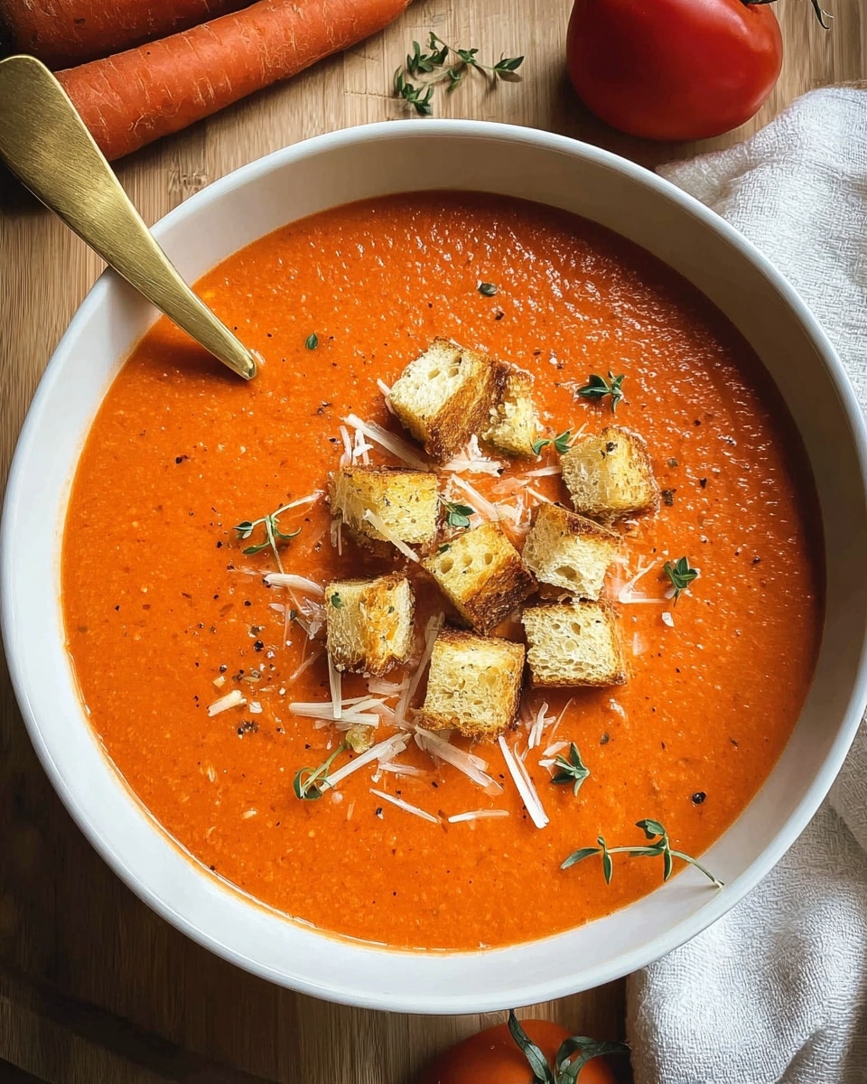 A large white bowl filled with bright orange creamy tomato soup is topped in the center with golden brown croutons, thin shreds of cheese, and small green herb sprigs. A gold spoon is partially dipped into the soup on the left side of the bowl. The bowl rests on a light wooden surface with carrots and a tomato visible near the top left corner and a white cloth on the right side. photo taken with an iphone --ar 4:5 --v 7
