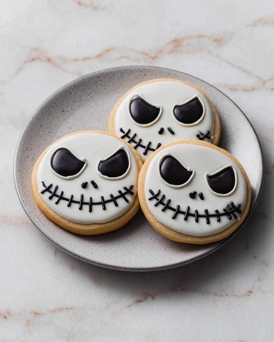 Three round cookies sit on a white plate with a dark gray texture. Each cookie has a thick golden brown base with a smooth, shiny white icing layer covering the top. On the icing, black glossy icing forms two large angry eyes, two small nostrils, and a stitched smiling mouth, creating a spooky skull face. The white icing also has two raised eyebrow shapes on each cookie, adding expression. The plate rests on a white marbled surface. photo taken with an iphone --ar 4:5 --v 7