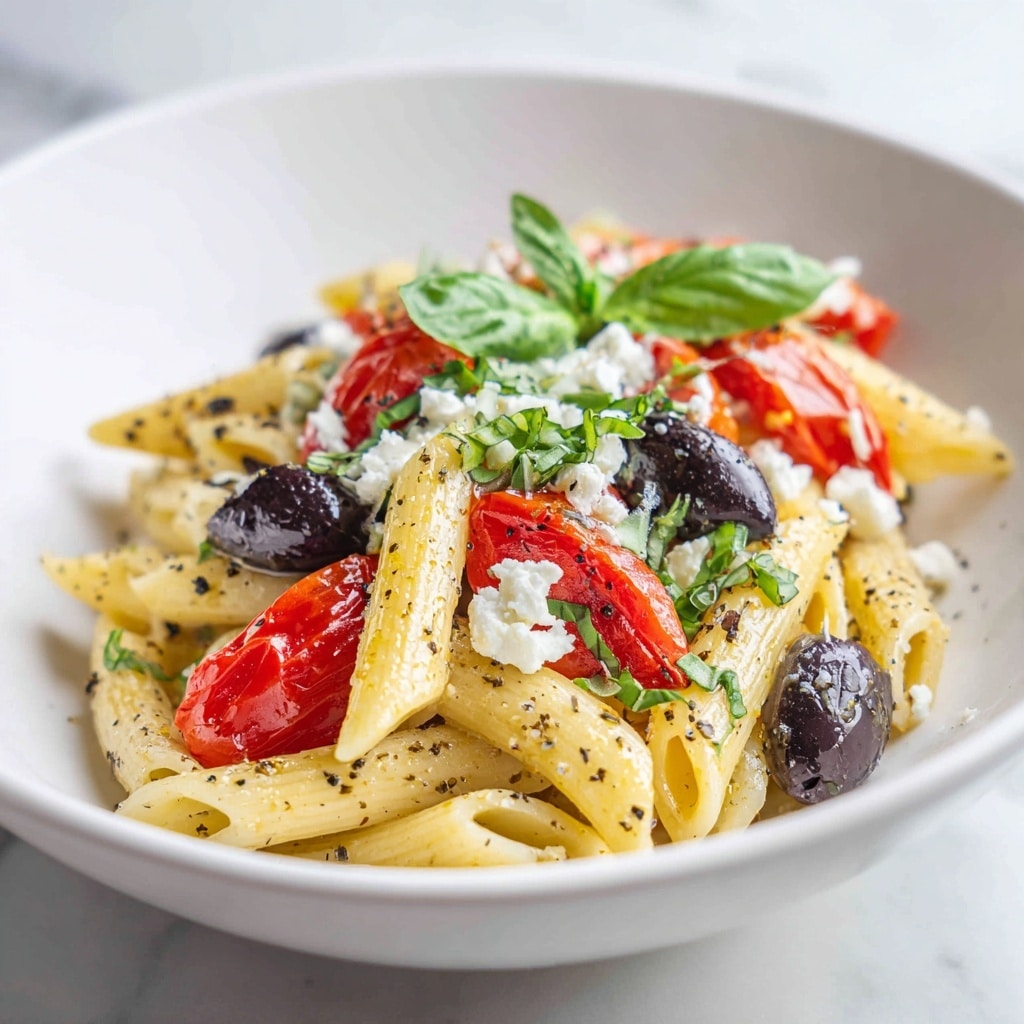 A white bowl filled with a dish of three layers: the bottom layer is yellow penne pasta with a glossy texture, mixed with dark purple olives spread evenly; the middle layer consists of bright red roasted cherry tomatoes with a slightly wrinkled surface, scattered throughout; the top layer features white crumbled cheese and fresh green basil leaves sprinkled on top, adding a fresh contrast. The dish sits on a white marbled texture. Photo taken with an iphone --ar 4:5 --v 7