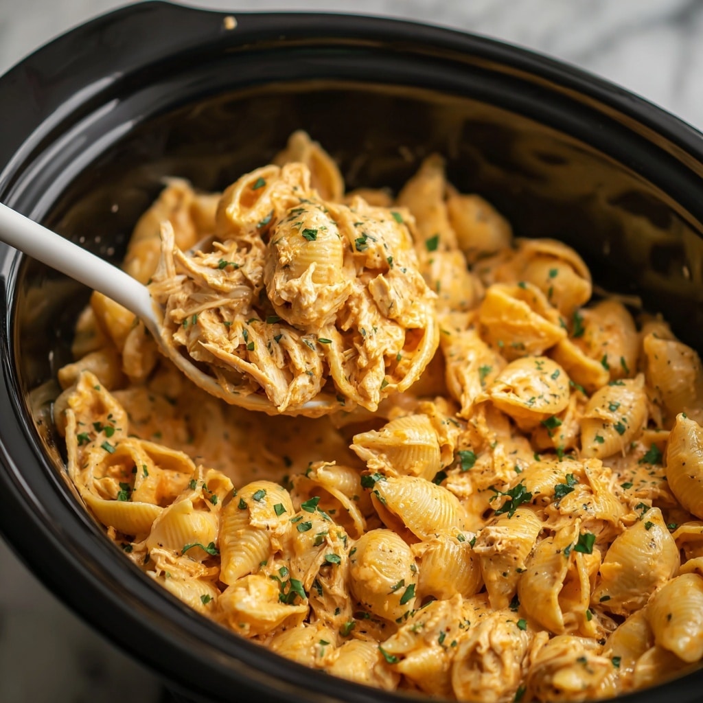 The image shows a close-up of creamy pasta served in a deep black slow cooker. The pasta shells are covered in a thick, light orange sauce that looks smooth and rich, mixed with shredded pieces of chicken. Small green herb bits are sprinkled lightly over the pasta, adding a touch of color. A white spoon is scooping a serving of the pasta from the pot, lifting the layers of soft pasta shells and tender chicken coated in the creamy sauce. The overall texture looks soft and saucy with a slight shine on the surface. The background is a white marbled texture. photo taken with an iphone --ar 4:5 --v 7