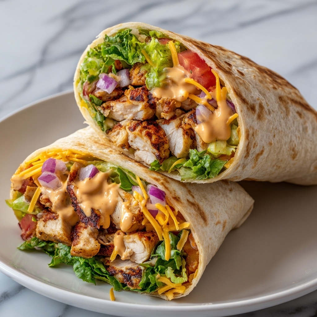The image shows a close-up of two wrap halves stacked on a white plate on a white marbled surface. The wrap is made of a soft, slightly toasted light beige tortilla. Inside, the first layer is grilled chicken pieces with a white and light brown color, followed by green leafy lettuce. Above the lettuce are visible small chunks of diced red tomatoes and purple onion. The wrap also contains shredded orange cheese and is topped with a creamy light orange sauce that looks smooth and rich. Photo taken with an iphone --ar 4:5 --v 7