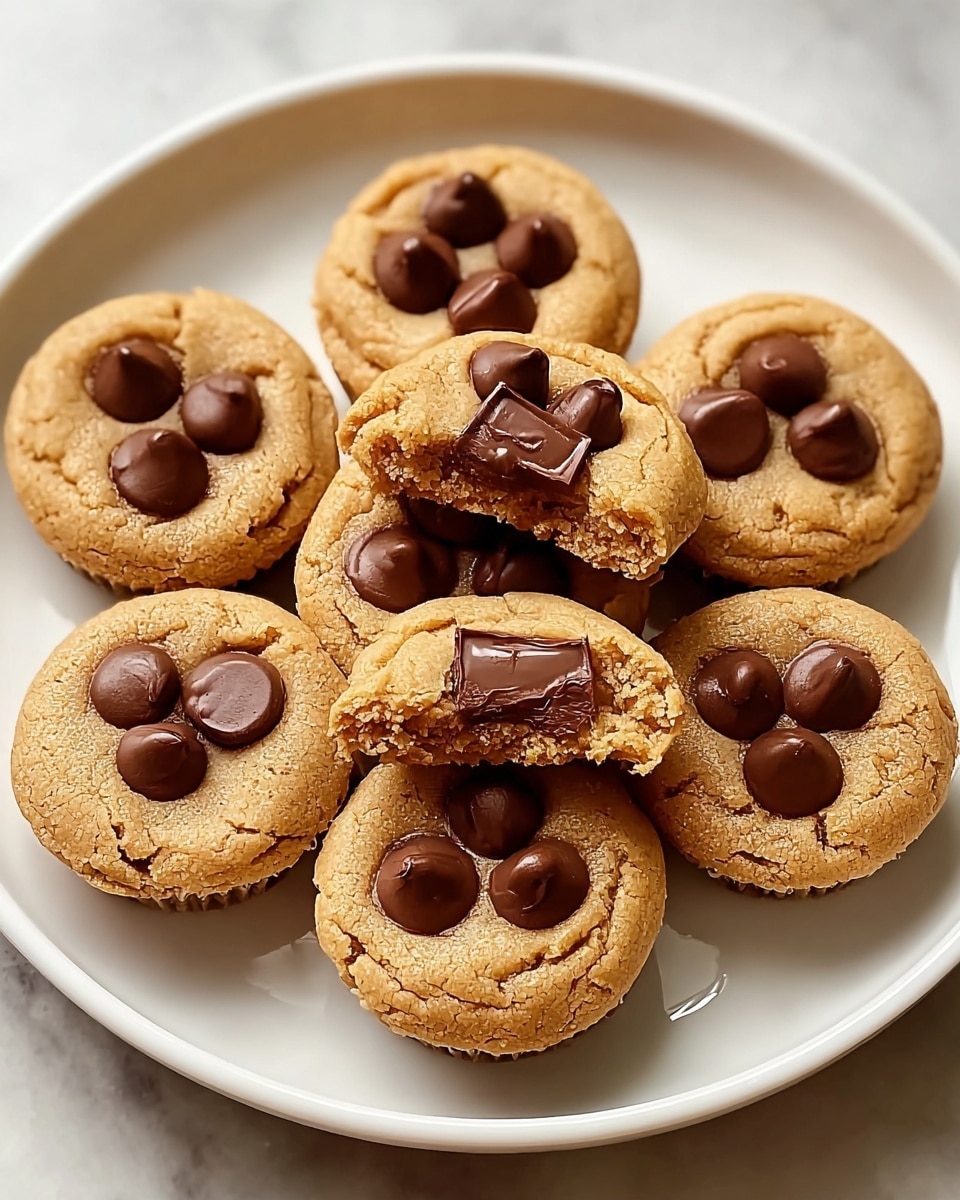 A white round plate holds seven small muffins arranged closely together, each muffin topped with three to four large, dark chocolate chips that create a smooth, glossy texture on their light golden brown surface. One muffin in the center is bitten to show its inside, revealing a soft, moist layer with a chunk of melted milk chocolate embedded. The muffin bases are ribbed and a slightly darker brown, contrasting with the soft, smooth tops. The plate is set on a white marbled textured surface. photo taken with an iphone --ar 4:5 --v 7