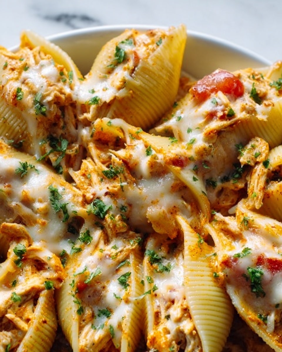 The image shows a close-up of large white pasta shells filled with a creamy orange mixture of chicken and diced tomatoes. Each shell is topped with melted white cheese that looks gooey and slightly browned. Small green herb pieces are sprinkled over the top, adding a fresh touch. The shells are arranged closely together on a white plate, resting on a white marbled surface. photo taken with an iphone --ar 4:5 --v 7