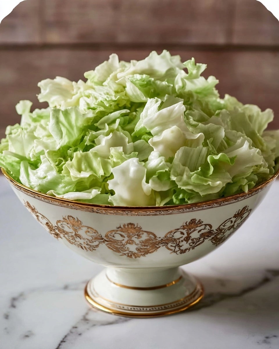 A large pile of white whipped cream with soft, wavy texture mixed with light green lettuce leaves sits inside a decorative white bowl with gold trims and detailed floral patterns, the bowl has a pedestal base and scalloped edges. The bowl is placed on a white marbled surface with a rustic wooden background blurred behind it. The whipped cream and lettuce are layered evenly, creating a fluffy and fresh look. photo taken with an iphone --ar 4:5 --v 7