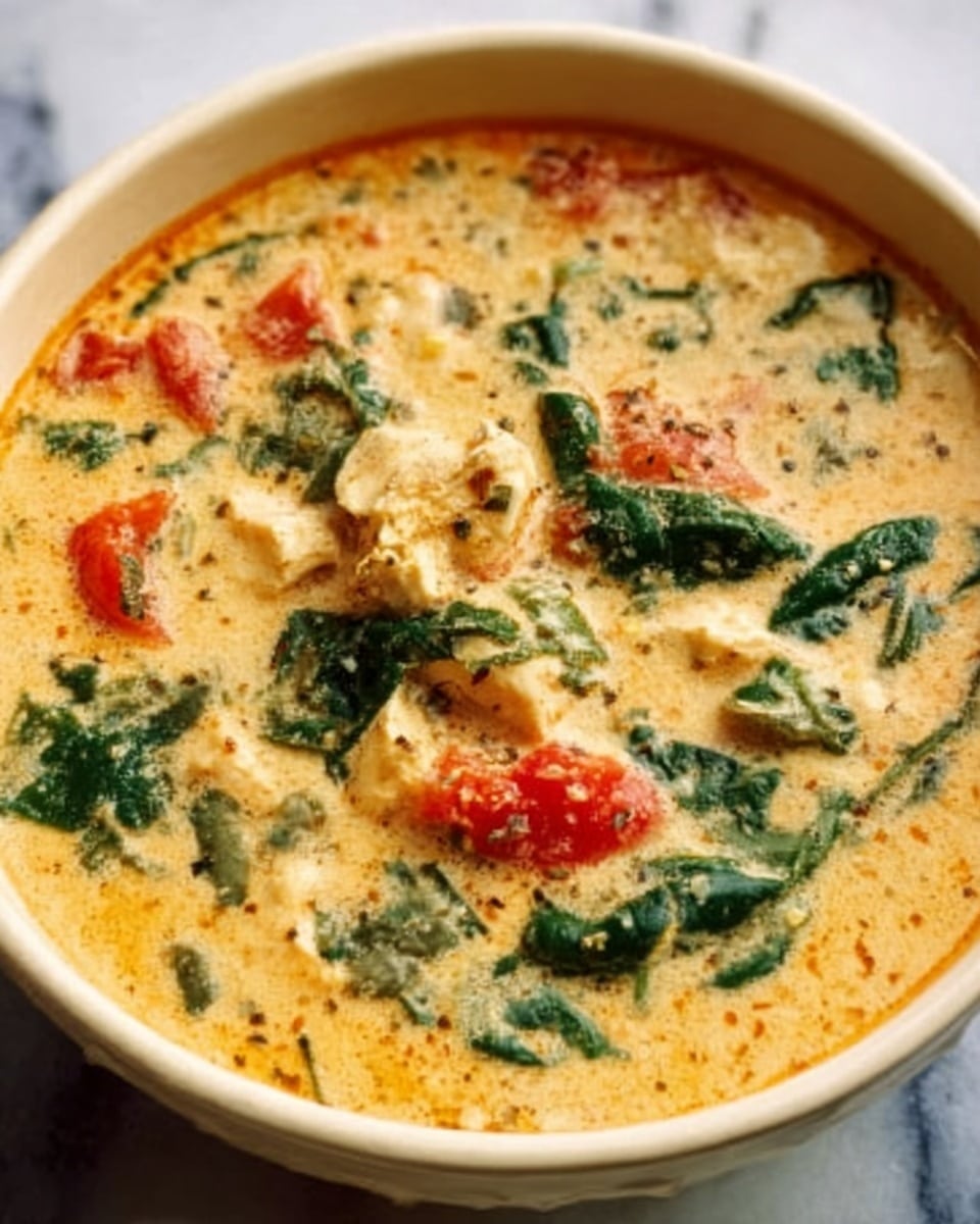 The image shows a white bowl filled with creamy soup that has an orange-beige color. Inside the soup, there are visible pieces of cooked spinach with dark green leafy textures, chunks of white or light cream chicken, and red slices of roasted bell pepper scattered throughout. Some pieces of pasta or dumplings with a soft, pale yellow color are also floating in the soup. The surface has specks of herbs evenly spread, adding texture and color contrast. A silver spoon rests inside the bowl, slightly submerged in the soup, with the handle leaning out toward the top right corner. The bowl is placed on a wooden board with two pieces of light-brown bread in the background, all set against a white marbled textured surface. Photo taken with an iphone --ar 4:5 --v 7