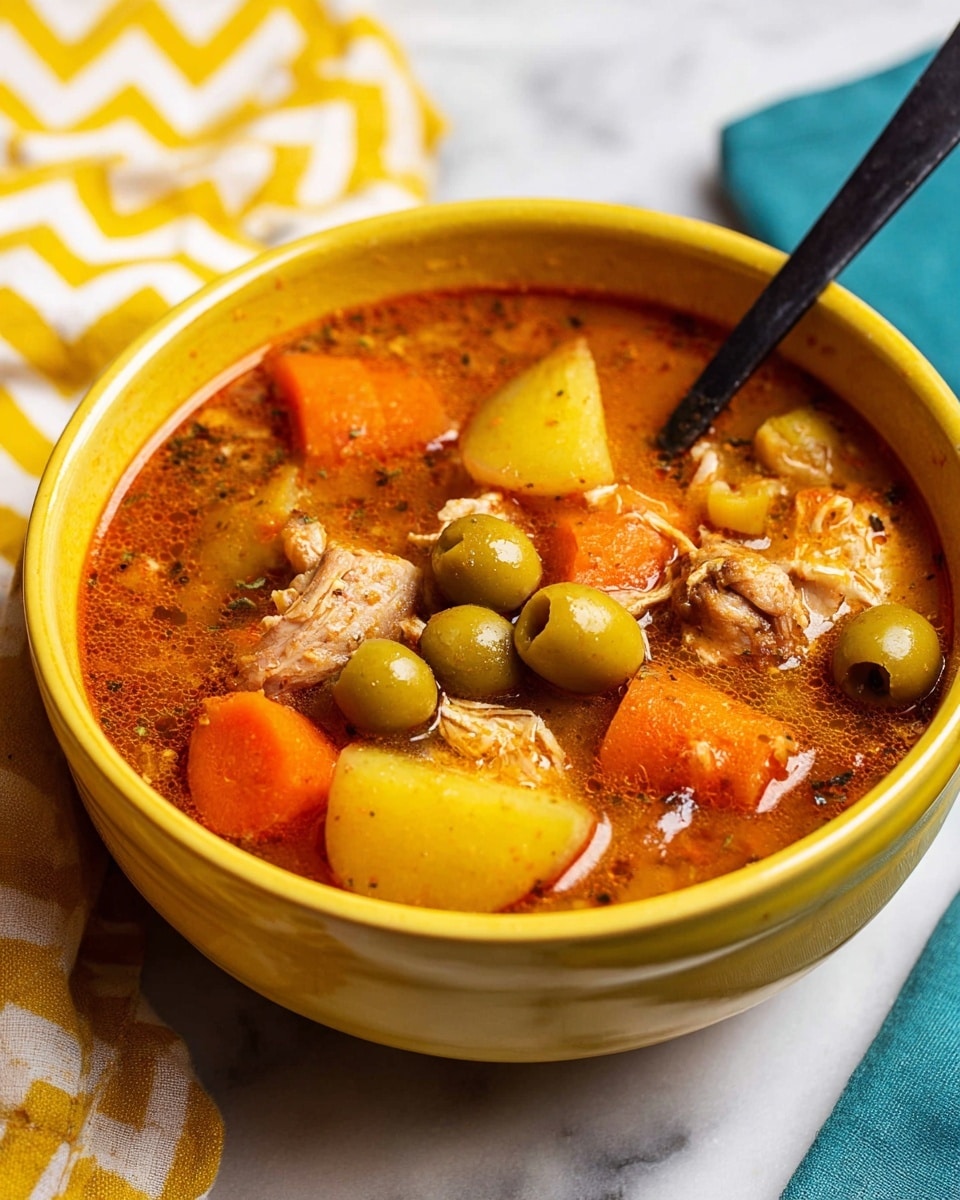 A bright yellow bowl filled with a thick stew showing three main layers; the bottom layer is a rich, dark brown sauce with visible herbs and spices; the middle layer has chunky, soft-looking light brown pieces of chicken mixed with scattered green olives; the top layer features orange carrot slices and large yellow potato chunks all covered in the shiny sauce. A black spoon rests inside the bowl on the right, and the bowl sits on a white marbled surface next to a yellow and white chevron cloth. In the background, a small round, brown bowl contains green olives on the left, all placed on a bright blue surface. Photo taken with an iphone --ar 4:5 --v 7