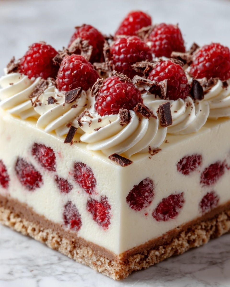 A square piece of creamy white cheesecake with a crumbly light brown crust at the bottom, filled with whole red raspberries visible inside the cream layer. The top has swirls of whipped cream and is decorated with fresh red raspberries and small chocolate shavings scattered over it. The cheesecake slice is placed on a white plate, sitting on a white marbled textured surface. The photo taken with an iphone --ar 4:5 --v 7