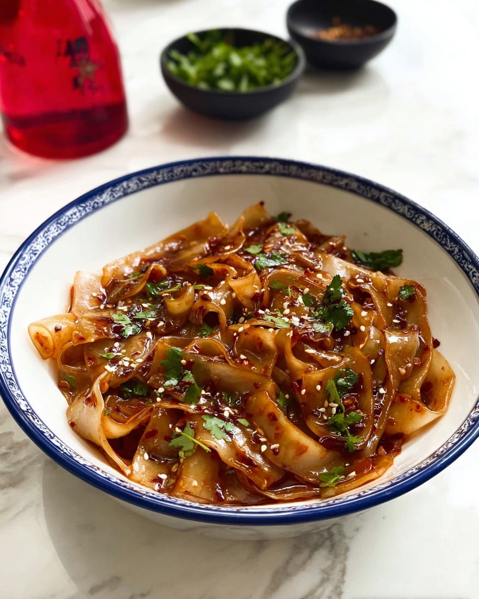 The image shows a white bowl with a blue rim filled with wide, flat noodles coated in a shiny reddish-brown sauce. The noodles have a soft, slightly translucent texture and are mixed with small green herb leaves and light sesame seeds sprinkled on top. Around the bowl, there are two small dark bowls filled with fresh green herbs and sliced green onions, placed on a white marbled surface with a beige and white chevron-patterned cloth underneath the bowl. A pair of wooden chopsticks rest on the cloth next to the bowl, and a red bottle of sauce is positioned near the back. Photo taken with an iphone --ar 4:5 --v 7