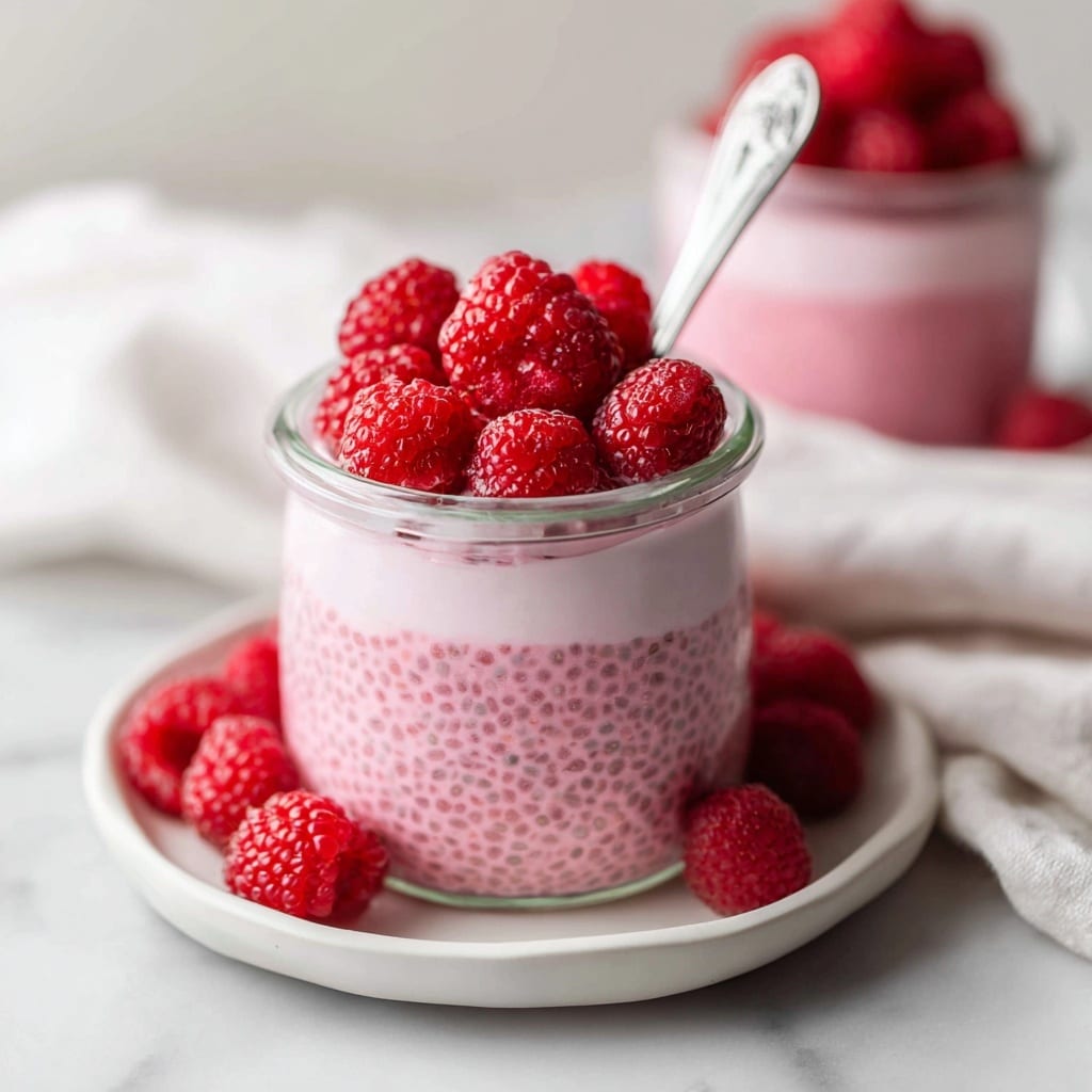 A small clear glass jar filled with two layers of pink chia pudding, the lower layer showing tiny black chia seeds evenly spread in a smooth pink base, and the top layer a thicker, creamier pink texture. Bright red raspberries sit on top, forming a small pile. The jar sits on a white plate, beside a soft white cloth. More raspberries are scattered loosely on the white marbled surface around it. In the background, out of focus, a second similar jar topped with raspberries is visible. A silver spoon is placed inside the front jar, with its handle sticking out. The photo taken with an iphone --ar 4:5 --v 7
