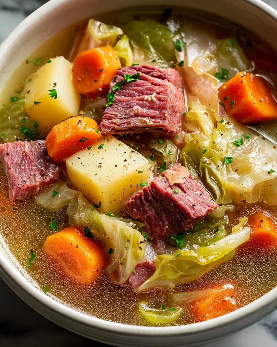 This image shows a close-up of a bowl of stew with several layers. The bottom layer is a light brown broth with tiny bubbles on the surface. Floating in the broth are large chunks of carrots in bright orange, potatoes in pale yellow, and celery pieces in soft green. There are also thick pieces of cooked corned beef in dark pink with visible grain texture. Mixed among these are soft, wilted cabbage leaves in light green and white. The stew is topped with small, chopped green herbs and a sprinkle of ground black pepper. The bowl is white and rests on a white marbled surface. Photo taken with an iphone --ar 4:5 --v 7