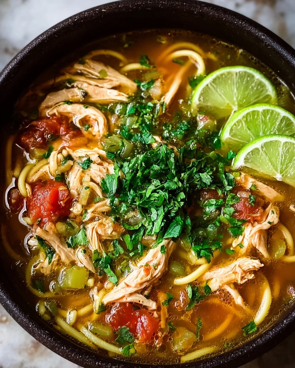 A close-up view of a black bowl filled with a chicken noodle soup showing several layers: the bottom layer consists of light yellow noodles submerged in a clear brown broth, followed by pieces of shredded cooked chicken in beige with light seasoning. Mixed in are small chunks of red tomato and diced green celery, all floating in the broth. The top layer is a generous sprinkle of bright green chopped herbs, mostly cilantro, and two thin lime slices placed on the right side. The bowl is set against a white marbled texture surface. Photo taken with an iphone --ar 4:5 --v 7
