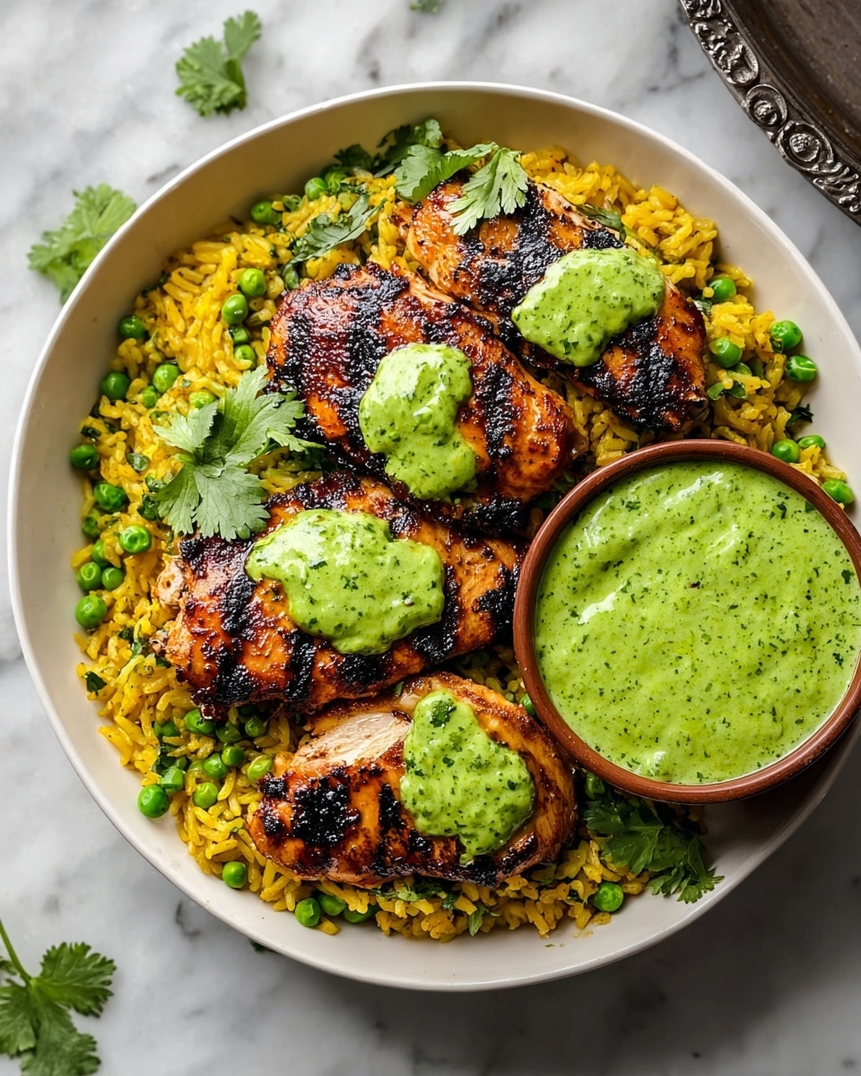 A large white bowl filled with a base layer of bright yellow rice mixed with green peas and small herbs, creating a vibrant and textured foundation. On top, four pieces of grilled chicken with dark char marks and a golden brown surface, giving a slightly crispy look, are placed close together. One piece of chicken has a dollop of thick, bright green sauce with a coarse texture resting on it. To the side within the bowl, a small round white bowl holds a smooth white sauce, and next to it is a halved lime with visible juicy segments. The bowl is set on a white marbled surface with a folded off-white cloth partially visible. Photo taken with an iphone --ar 4:5 --v 7