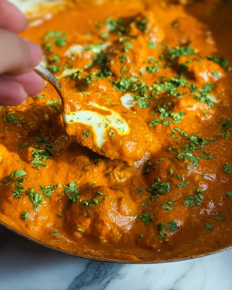 The image shows a close-up view of a rich orange curry topped with scattered fresh green chopped herbs. A dollop of softened yellow butter melts on the top center of the curry, creating a small shiny spot. The curry texture is thick and creamy with visible chunks beneath the smooth sauce. The background is a white marbled texture. photo taken with an iphone --ar 4:5 --v 7