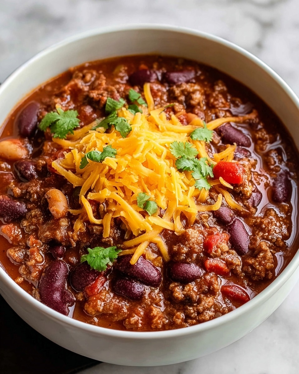 A white bowl filled with a thick chili showing two main layers: the base layer is a rich mix of dark red kidney beans, ground beef, diced red tomatoes, and small light brown beans in a reddish-brown sauce, creating a chunky texture. On top, there is a layer of bright orange shredded cheddar cheese scattered in the center with small green cilantro leaves adding a fresh touch. The bowl sits on a white marbled surface. Photo taken with an iphone --ar 4:5 --v 7