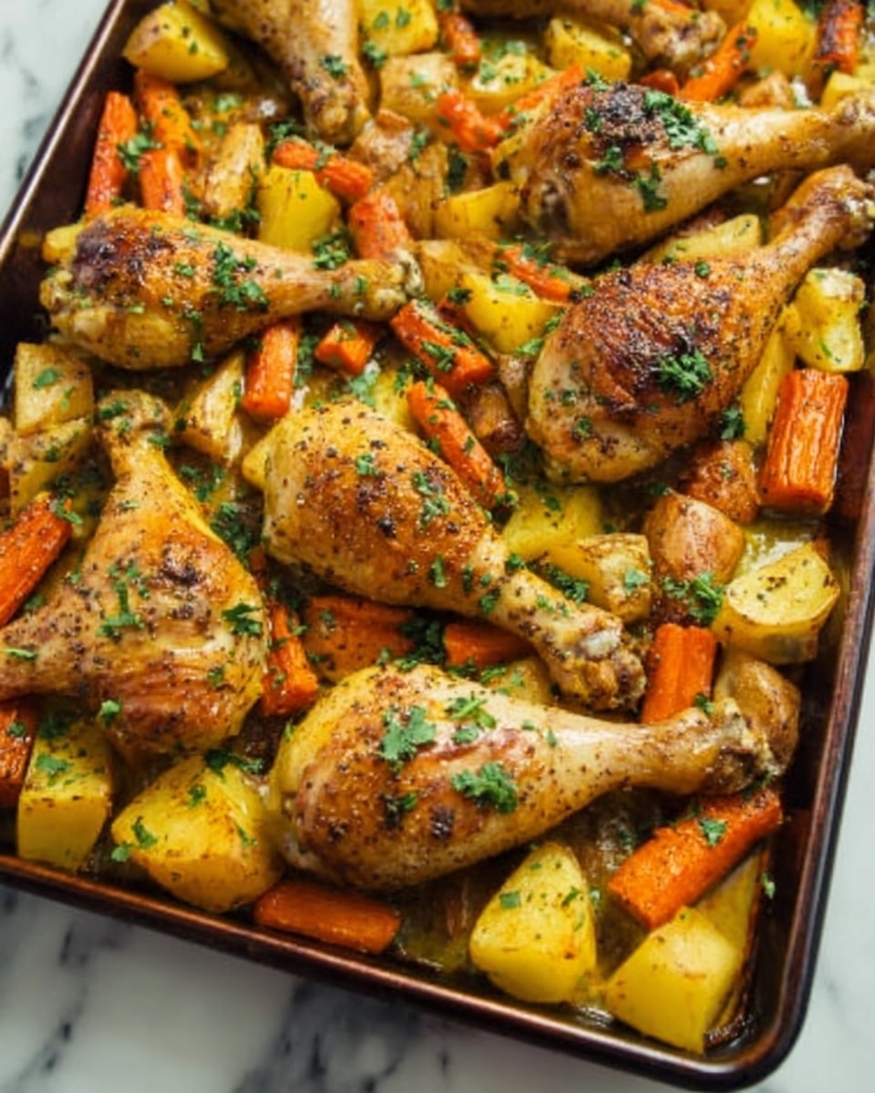 A white baking dish filled with a baked chicken drumsticks and thighs dish sits on a white marbled surface. The dish has a base layer of large, chunky roasted carrot pieces in bright orange and roasted potato chunks in a warm yellow color, all mixed evenly. On top, there are browned chicken drumsticks and thighs with a crispy golden-brown skin, sprinkled with finely chopped green herbs. The roasted vegetables and chicken have a slightly glossy texture from cooking juices, creating an inviting, rustic look. photo taken with an iphone --ar 4:5 --v 7