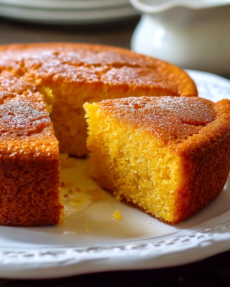 A single-layer round cake with a golden brown top that has a slightly rough texture sprinkled with powdered sugar. One wedge slice is cut out, showing the inside that is moist and bright yellow with a soft crumb texture. The cake sits on a white plate with gentle curved edges, placed on a white marbled texture. The background is softly blurred, highlighting the cake as the main focus. Photo taken with an iphone --ar 4:5 --v 7