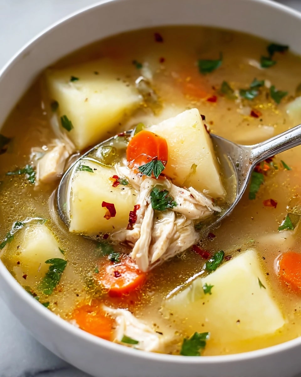 A white bowl is filled with a homemade chicken soup that shows clear broth with a golden tint. Inside are chunks of light brown chicken pieces, large pale yellow potato pieces, and bright orange carrot slices, all mixed evenly throughout the soup. There are small green celery bits and fresh green parsley sprinkled on top, adding color and texture. A sprinkling of black pepper and red chili flakes is visible on the chicken and vegetables. The bowl sits on a dark cloth on top of a white marbled surface, giving a clean and fresh look. photo taken with an iphone --ar 4:5 --v 7