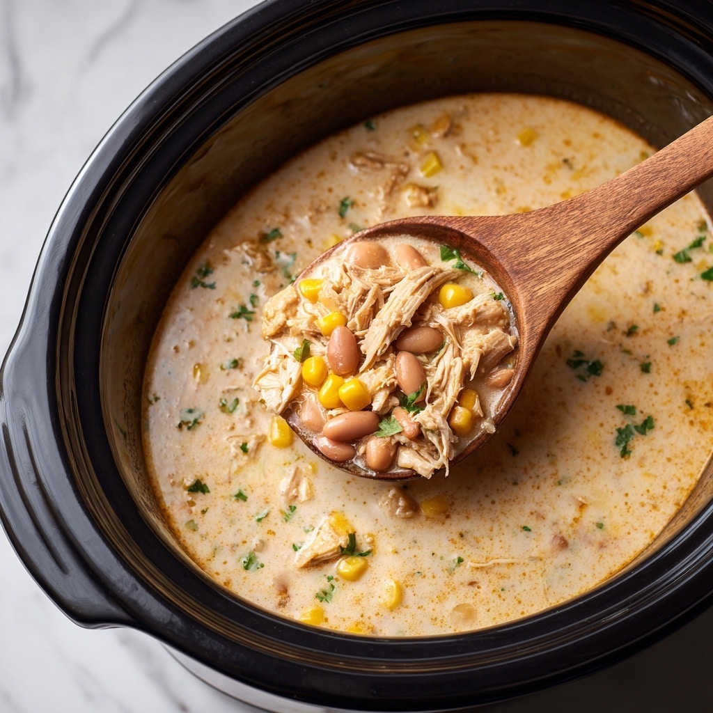 A close-up view of a creamy soup inside a black slow cooker, showing three main layers: the light beige creamy broth forming the base, shredded light brown chicken forming the second layer, and scattered beans in shades of light tan and reddish-brown with yellow corn kernels rising through the soup. Small green herb pieces are sprinkled throughout the soup, adding a fresh contrast. A wooden spoon is lifting a spoonful of the soup, emphasizing the textures of shredded chicken, beans, and corn against the creamy broth. The slow cooker’s shiny black rim frames the soup, all set on a white marbled textured surface. Photo taken with an iphone --ar 4:5 --v 7