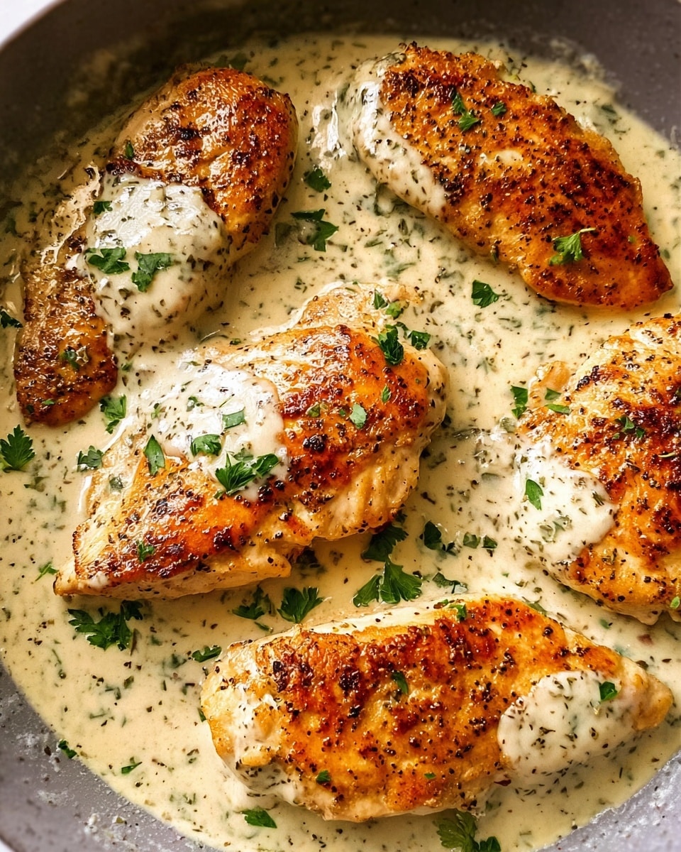 The image shows four pieces of grilled chicken breasts with a golden-brown spicy crust, placed close together in a pan. Each piece is topped with a thick layer of creamy, light yellow sauce with visible green herbs, giving it a rich texture. The sauce also pools lightly around the chicken, with a few small green herb leaves sprinkled on top for garnish. The chicken surface looks moist and tender with some char marks, and the overall scene is set on a white marbled texture. photo taken with an iphone --ar 4:5 --v 7