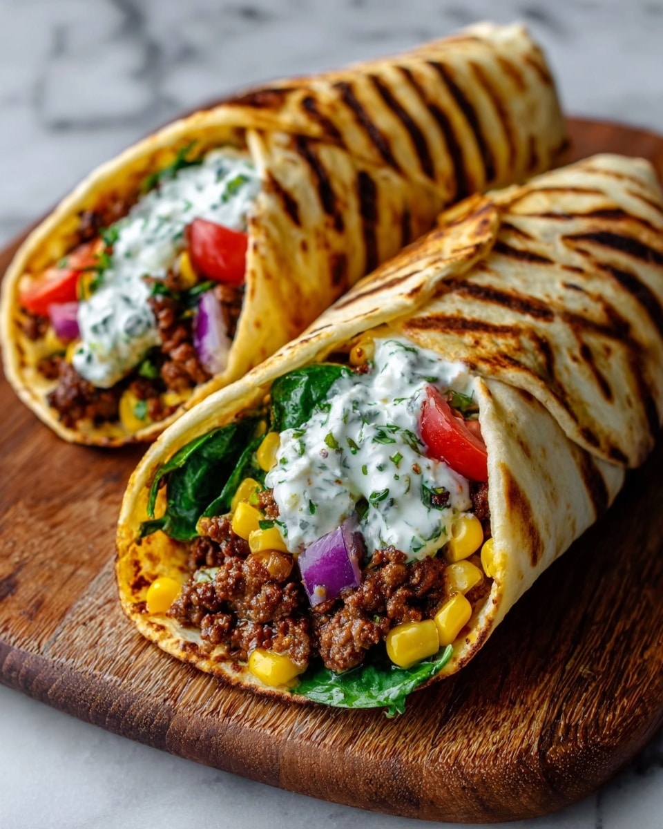 The image shows two wraps placed side by side on a wooden board. Each wrap is made of a grilled flatbread with distinct brown grill marks, folded to reveal the contents inside. The visible layers inside each wrap include a base of cooked ground beef in dark brown color with a crumbly texture, followed by a layer of fresh green spinach or lettuce. There are bright red grape tomatoes sliced in half, small pieces of purple onion, and a generous topping of white creamy sauce with green herb bits spread unevenly on top. The wraps are in a white marbled surface setting, focusing closely on the filling's textures and colors. The photo taken with an iphone --ar 4:5 --v 7