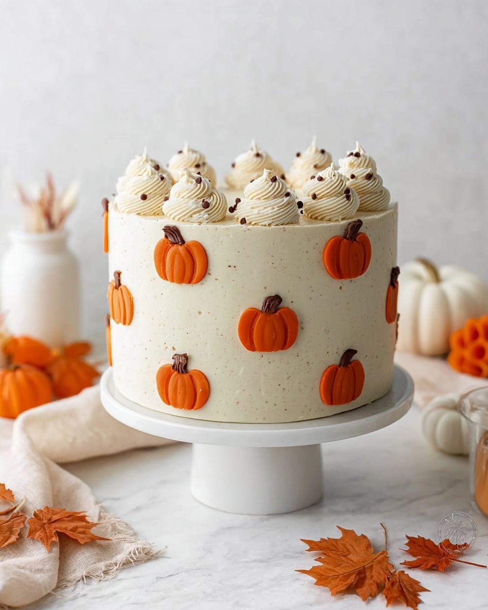 A tall round cake with smooth light cream frosting is shown on a white cake stand, placed on a white marbled surface. The cake is decorated with small orange pumpkin shapes around the sides, each pumpkin having a small brown stem on top. The top edge of the cake is adorned with swirled cream rosettes with more tiny orange pumpkins and small brown dots placed evenly on top. The background is simple and light, adding a clean look. Nearby, there are small real orange pumpkins and dried autumn leaves adding to the fall theme. Photo taken with an iphone --ar 4:5 --v 7