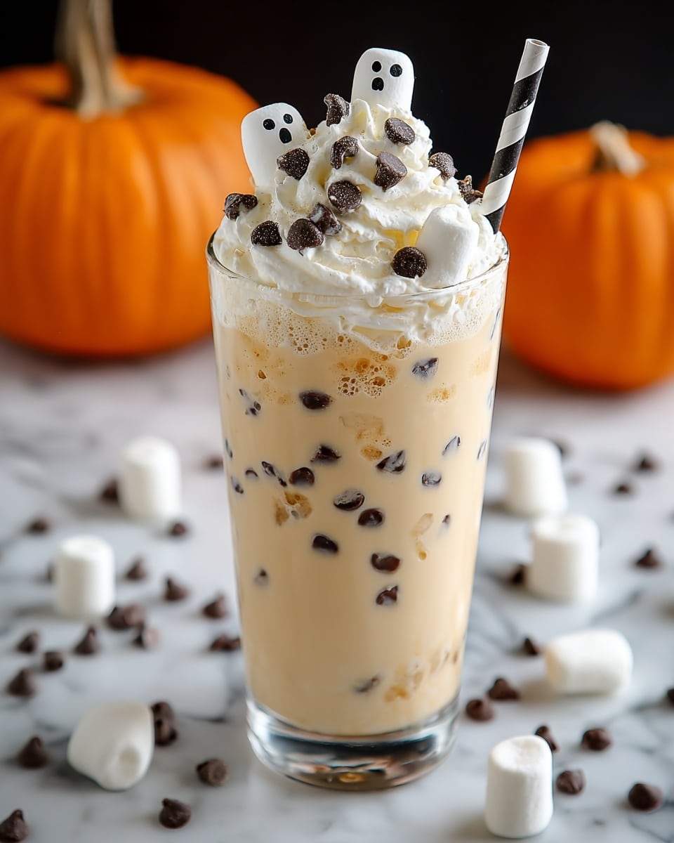 A tall clear glass filled with a creamy light beige drink with small dark chocolate chips scattered inside the drink and sticking to the glass. On top, there is a generous swirl of white whipped cream dotted with more dark chocolate chips. Two white marshmallows decorated as small ghosts with black eyes are placed on the whipped cream, one slightly taller than the other. A black and white striped paper straw is inserted on one side of the glass. The drink sits on a white marbled surface scattered with more marshmallow ghosts and chocolate chips. In the background, two bright orange pumpkins add a cozy fall feeling. photo taken with an iphone --ar 4:5 --v 7