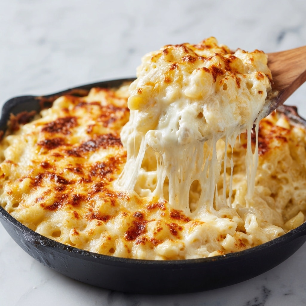 A close-up of a creamy baked macaroni and cheese dish in a black pan on a white marbled surface, showing a large scoop being lifted with a wooden spoon. The macaroni pasta is covered with a thick, golden brown melted cheese layer on top, bubbling and slightly browned. Underneath, the cheese is white and stretchy, pulling long strands as the macaroni is lifted, revealing a smooth, creamy sauce that coats the pasta evenly. The macaroni itself is pale yellow, with the crispy top layer contrasting the soft creamy layer inside. photo taken with an iphone --ar 4:5 --v 7