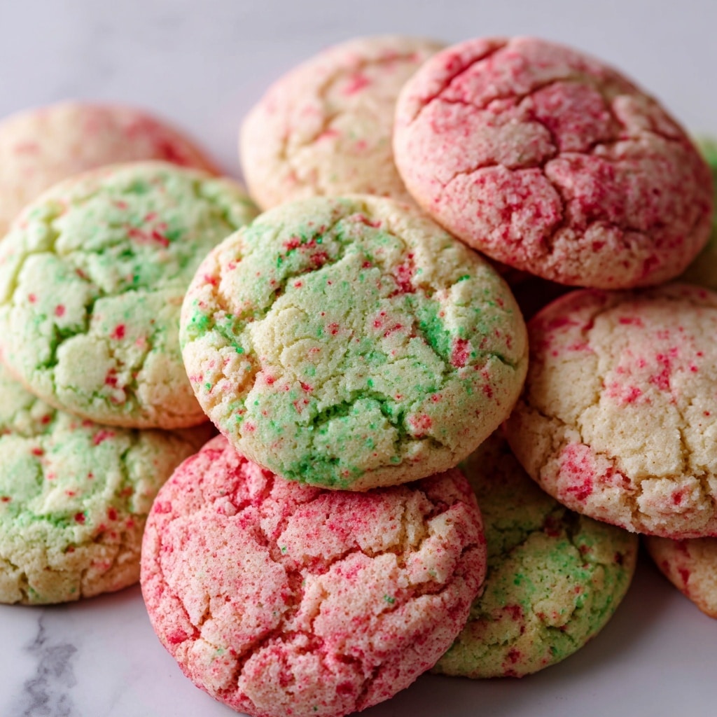 The image shows a close-up of colorful cookies arranged on a white marbled surface. The cookies have a soft texture with visible cracks and small candy pieces scattered throughout. There are two main colors present: a light green cookie with red and white candy bits, and a pink cookie with red and white candy bits as well. The cookies are slightly overlapping, showing different layers of their floury and slightly crumbly texture. The lighting highlights the gentle softness and vibrant colors of the cookies, making them look fresh and inviting. photo taken with an iphone --ar 4:5 --v 7