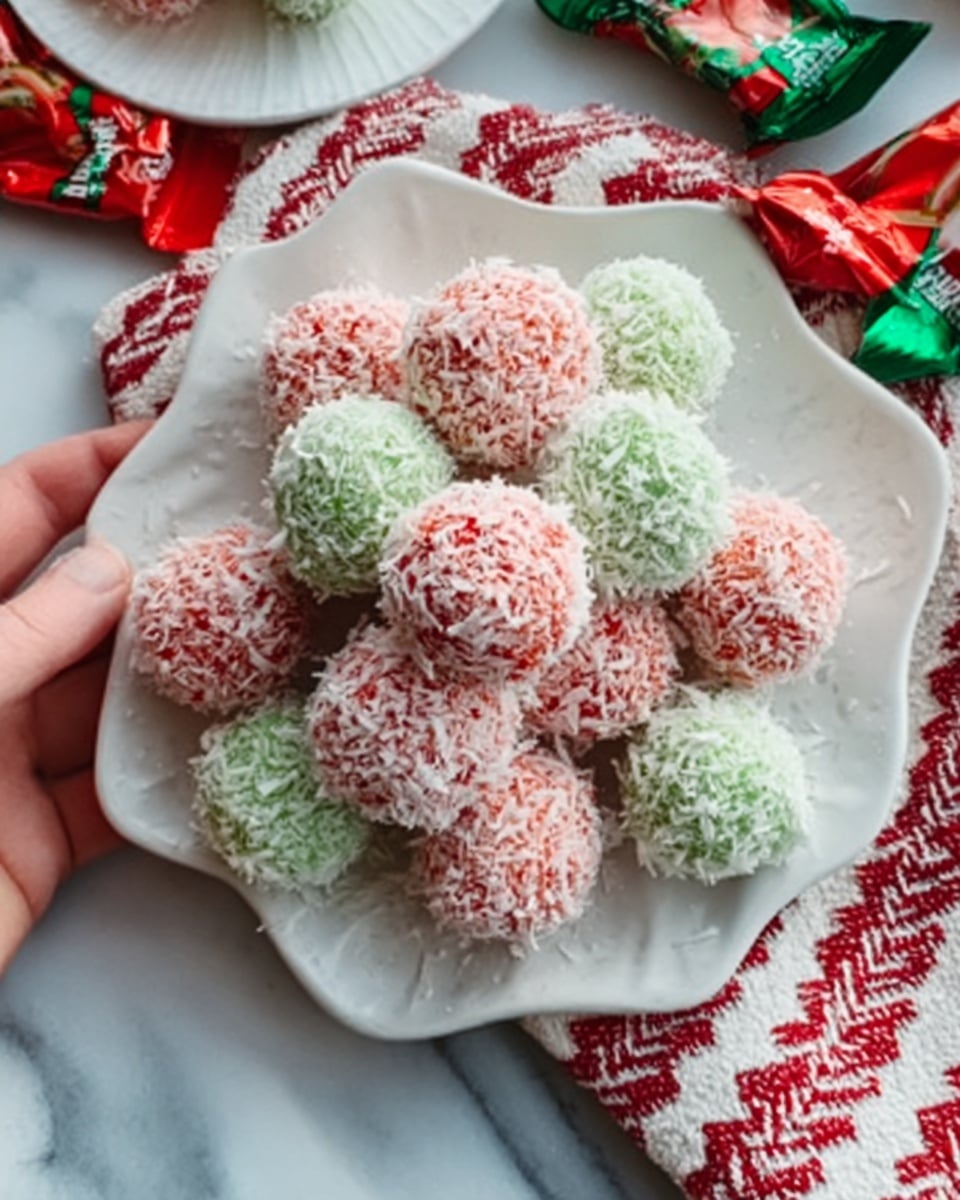 The image shows a white star-shaped plate filled with round balls covered in small coconut flakes. There are two colors of balls: bright red and light green, mixed evenly on the plate. The balls have a rough texture from the coconut flakes and look soft inside. The plate is on a white marbled surface with some candy wrappers and a woman's hand reaching to pick one ball. The background is slightly blurred but shows more candies and festive decorations in red and green colors. photo taken with an iphone --ar 4:5 --v 7