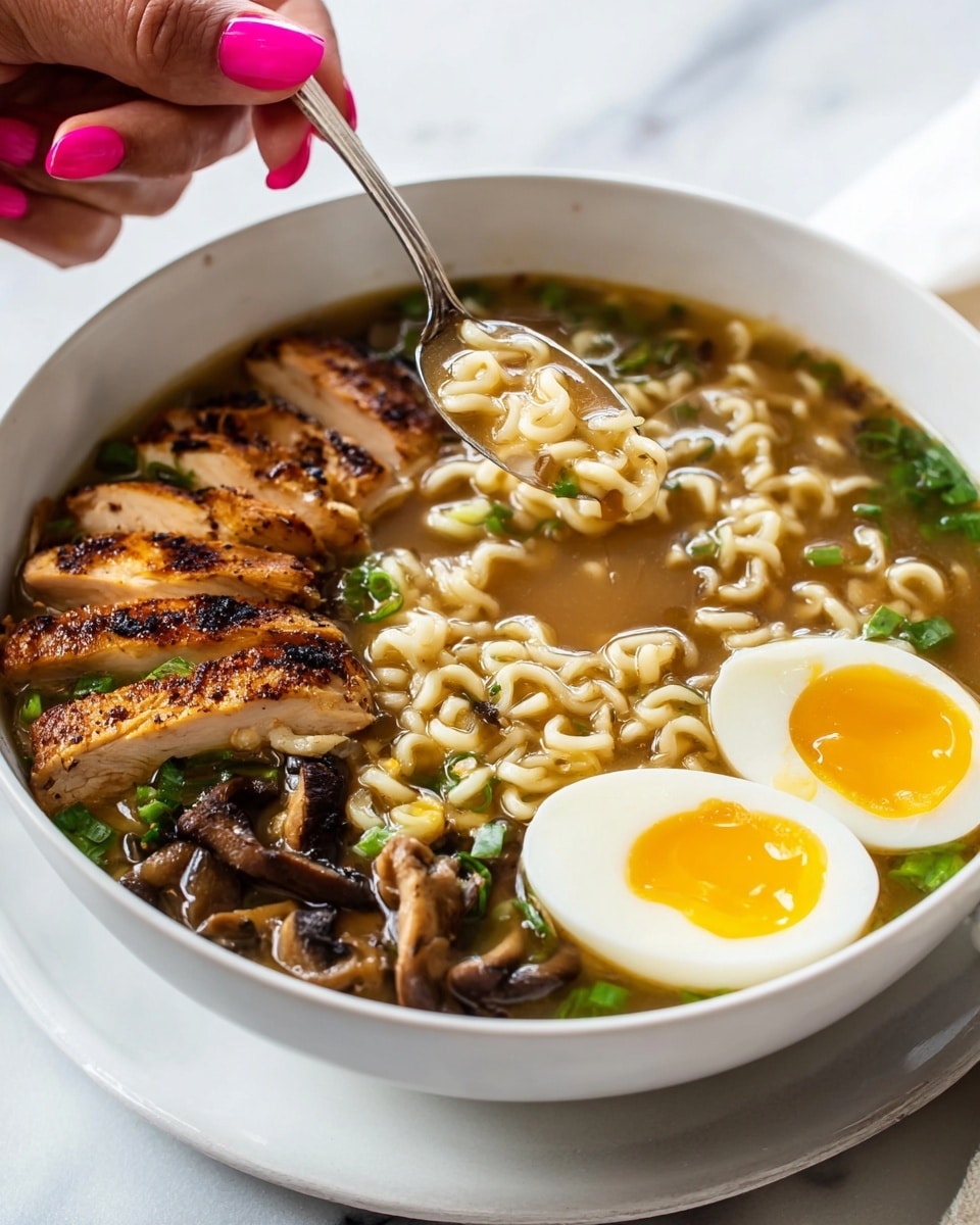 A white bowl filled with ramen soup sits on a white marbled surface with a white plate underneath. The soup has three main layers: the broth is clear brown and fills the bowl, with curly, pale yellow noodles floating in it. On top, there are slices of grilled brown chicken with a slight char, arranged side by side on one side of the bowl. Two halves of a soft-boiled egg with bright yellow yolks and white edges rest near the front. Scattered around the bowl are dark brown mushroom slices and bright green chopped scallions. A woman's hand with pink nail polish holds a spoon lifting some noodles and broth above the bowl. Photo taken with an iphone --ar 4:5 --v 7