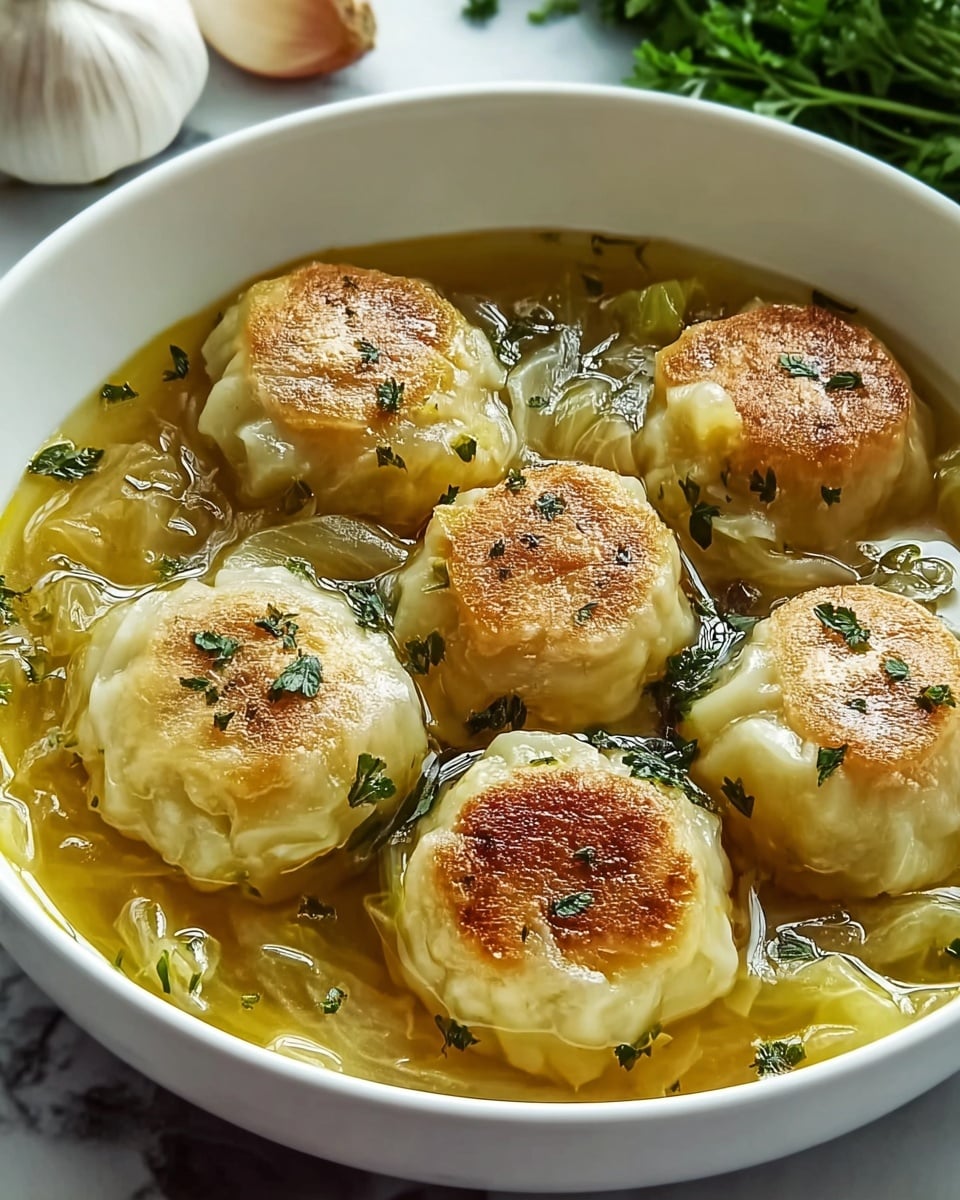 A white bowl filled with six dumplings, each dumpling has a golden-brown crispy top and a smooth, soft pale yellow bottom. The dumplings sit in a clear, light brown broth with pieces of translucent cooked cabbage surrounding them. Small green herb bits are sprinkled over the dumplings and broth, adding color contrast. The bowl is on a white marbled surface. photo taken with an iphone --ar 4:5 --v 7