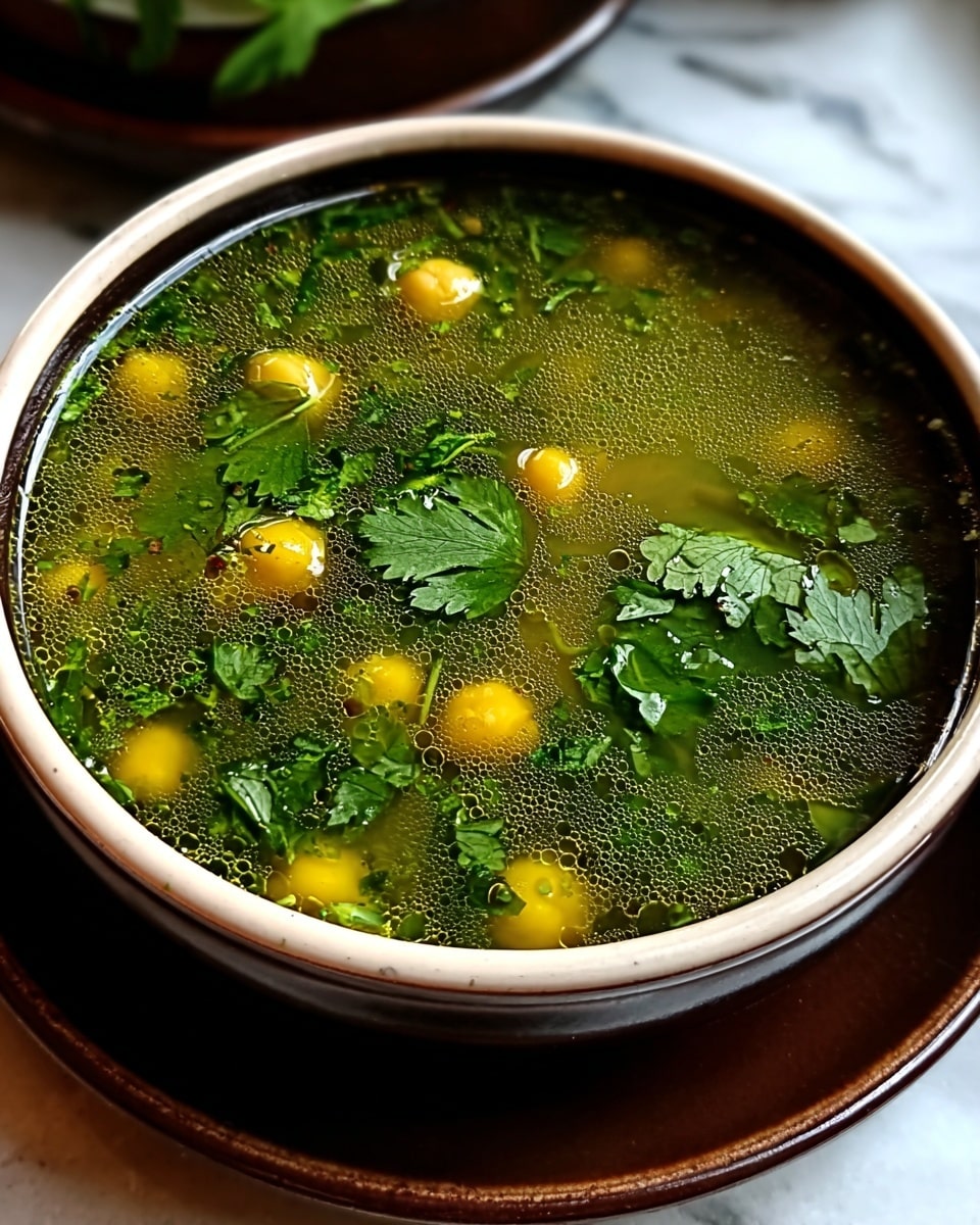 A close-up view of a bowl filled with green soup filled with bright yellow chickpeas and fresh green cilantro leaves floating on the surface. The soup has a slightly oily texture with small bubbles and herbs visible inside. The bowl is white with a dark rim and set on a brown plate, placed on a white marbled surface. Photo taken with an iphone --ar 4:5 --v 7
