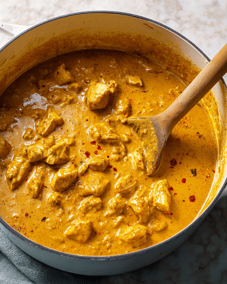A white bowl holds a serving of white rice on the left side, with soft, separate grains sprinkled lightly with red seasoning, likely chili flakes. On the right side, there is a creamy golden-yellow curry with tender chunks of chicken coated in a thick, glossy sauce with visible spices. At the back edge of the bowl, a piece of flatbread with a light brown toasted surface rests partially inside. A shiny silver spoon is partially submerged in the curry, positioned on the right side of the bowl. The bowl is set on a white marbled surface with some scattered red chili flakes around. photo taken with an iphone --ar 4:5 --v 7