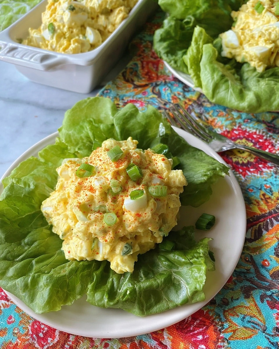 The image shows a close-up view of a creamy egg salad served on a white plate with subtle embossed patterns along the edge. The salad has a pale yellow color with chunks of white egg whites and bits of green celery mixed in, creating a textured look. It is lightly sprinkled with a reddish spice, possibly paprika, and topped with two small green chives crossed in the center. The plate is set on a colorful cloth with floral and abstract patterns, and all of this rests on a white marbled surface. The photo taken with an iphone --ar 4:5 --v 7